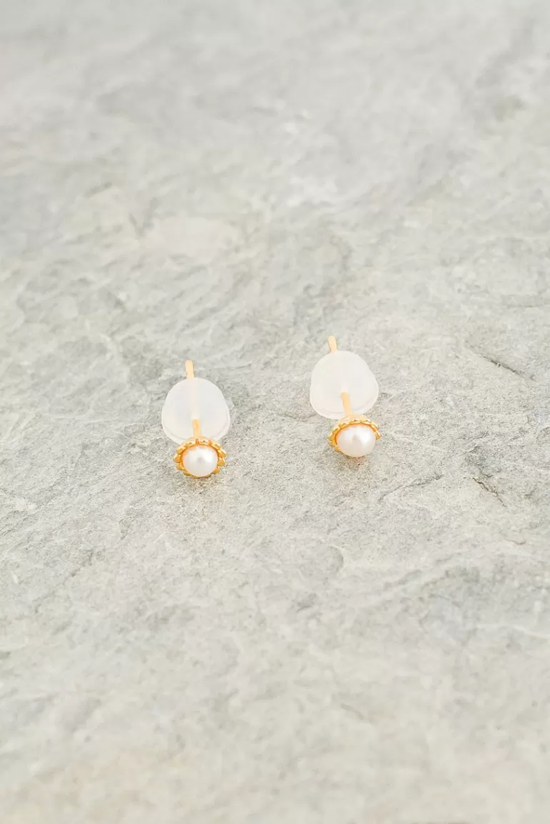 Women Olive Clothing Arista Tiny Pearl Studs, 14K Gold Plated