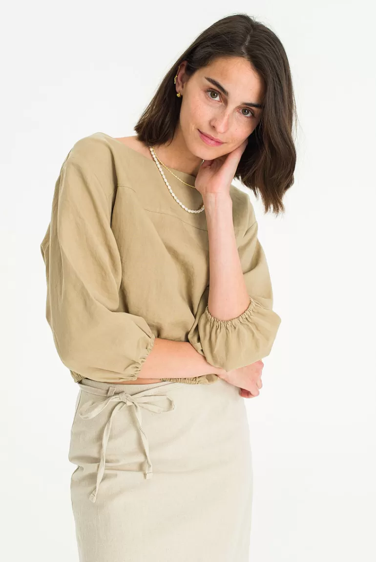 Women Olive Clothing Back Ribbon Blouse, Sand Beige