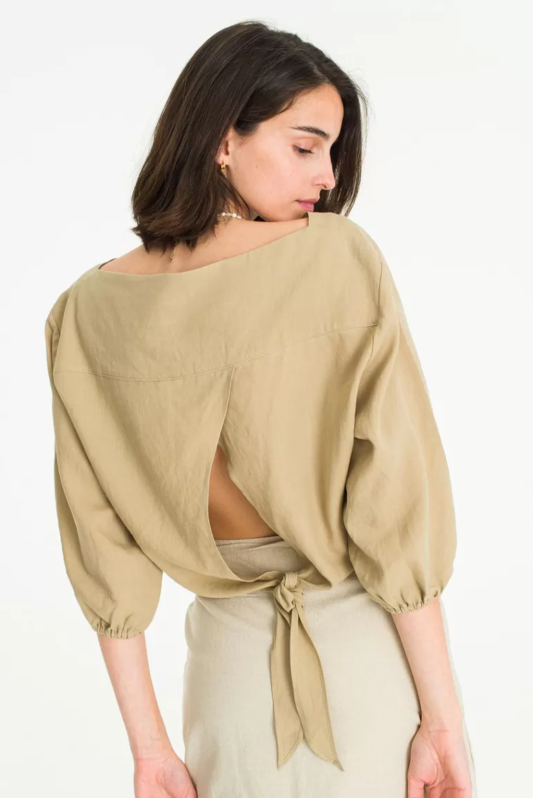 Women Olive Clothing Back Ribbon Blouse, Sand Beige