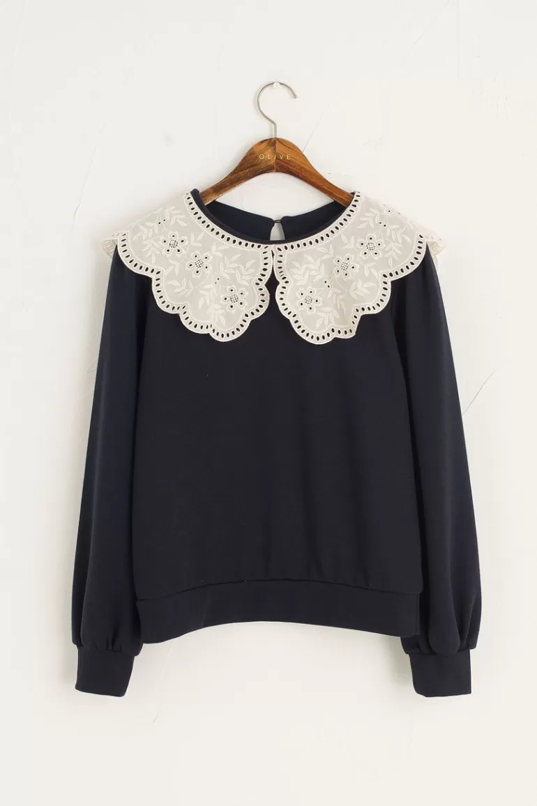 Women Olive Clothing Big Lace Collar Sweatshirt, Navy