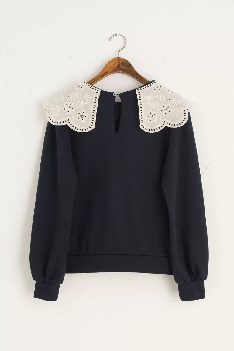 Women Olive Clothing Big Lace Collar Sweatshirt, Navy