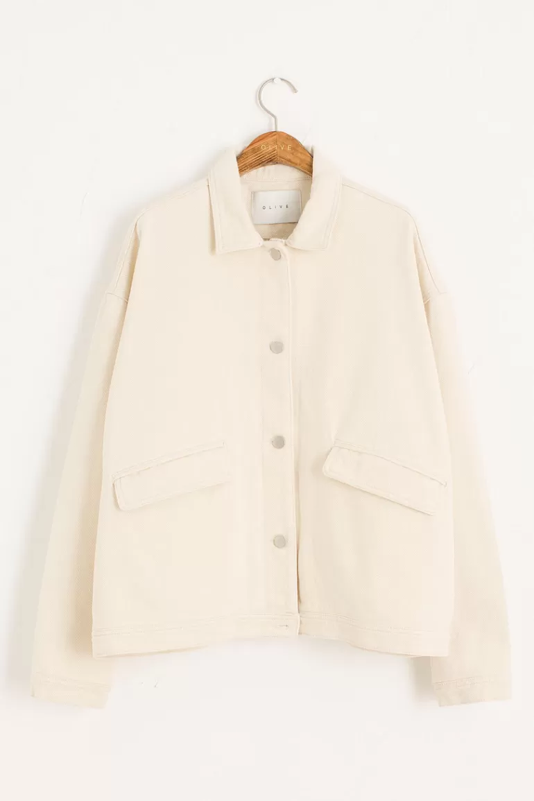 Women Olive Clothing Box Cotton Jacket, Ivory