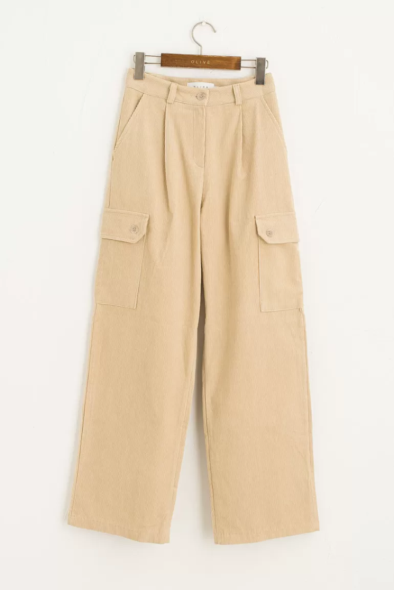 Women Olive Clothing Boxy Cargo Cord Pants, Beige