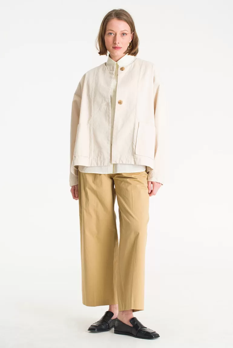 Women Olive Clothing Boxy Collarless Jacket, Ivory