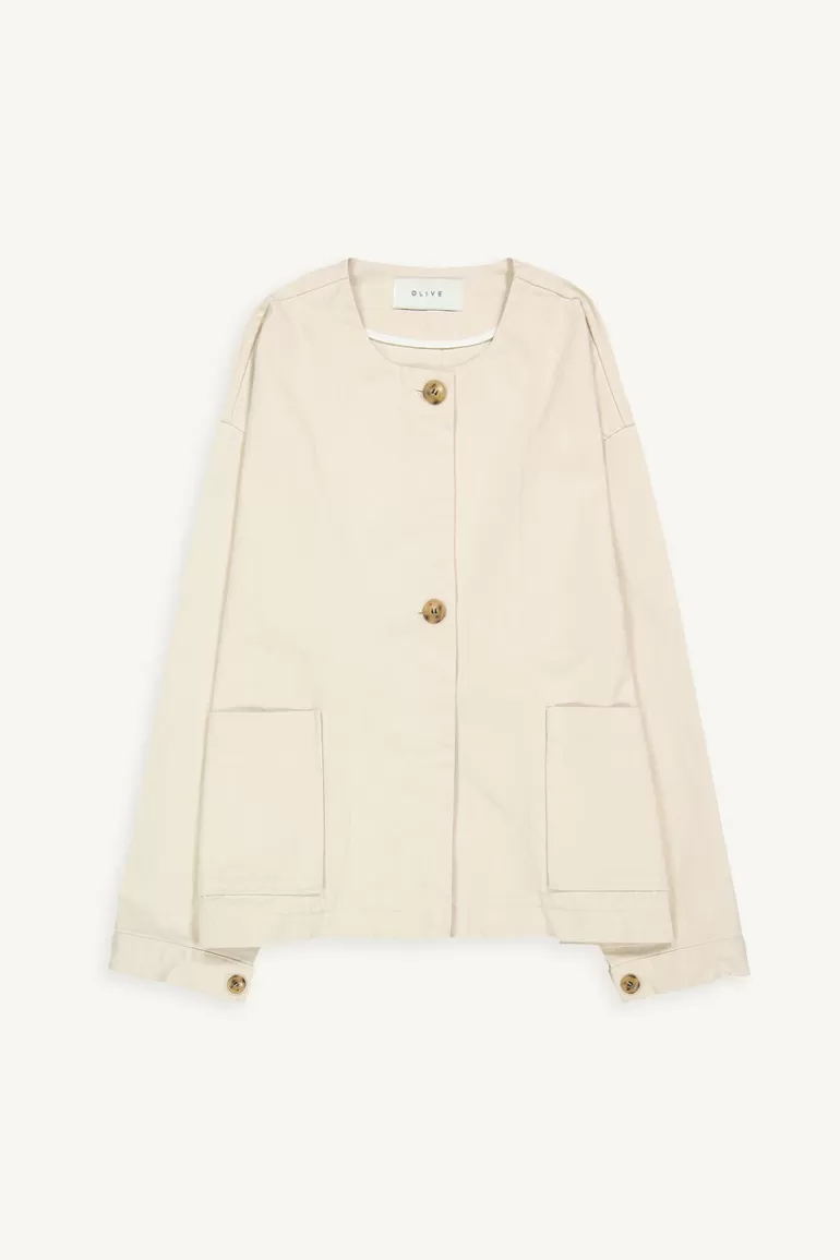 Women Olive Clothing Boxy Collarless Jacket, Ivory