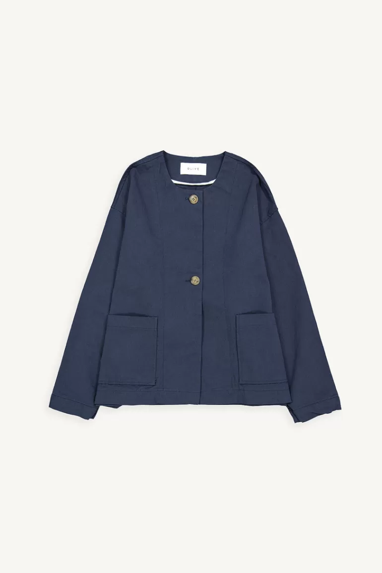 Women Olive Clothing Boxy Collarless Jacket, Navy