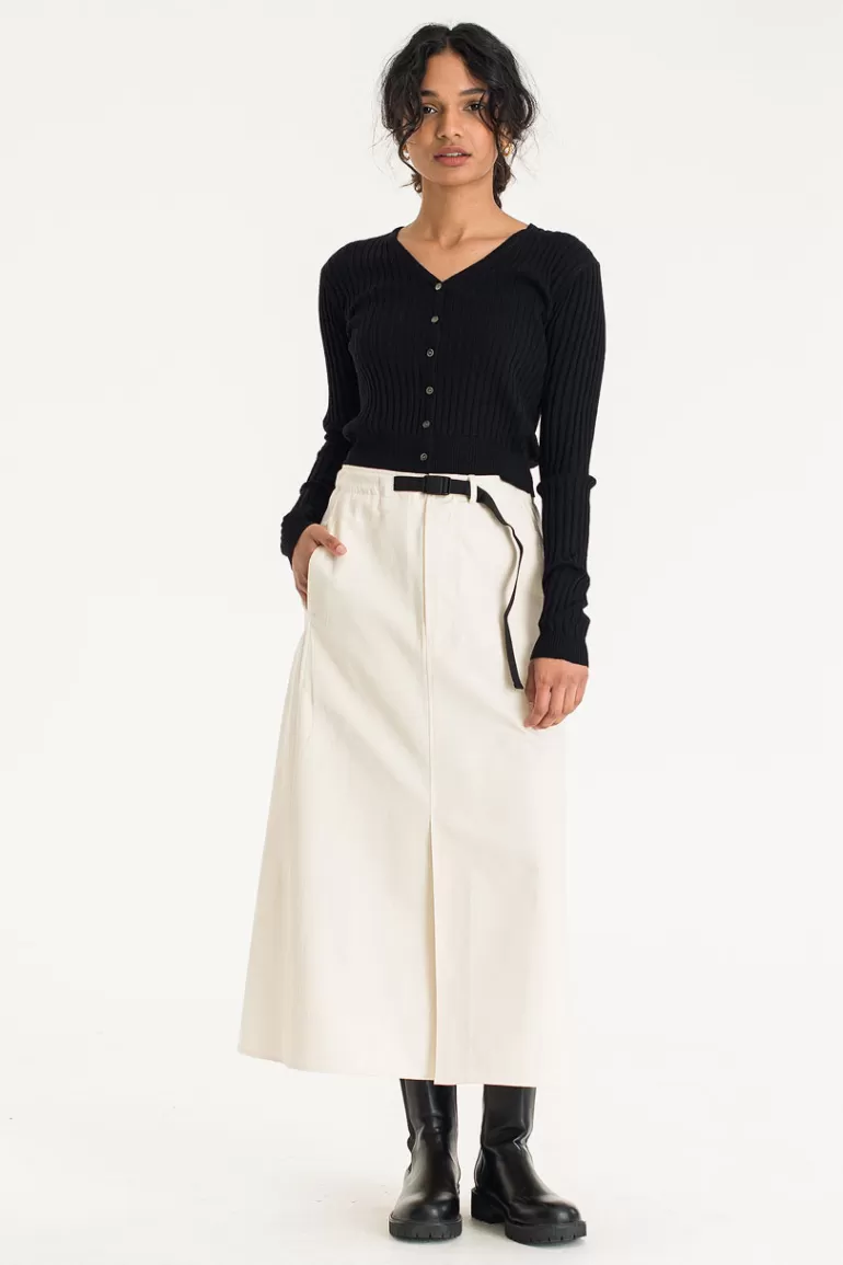 Women Olive Clothing Buckle Belt Workwear Skirt, Ivory