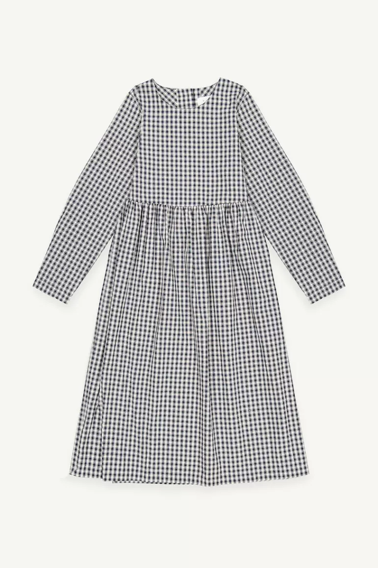 Women Olive Clothing Button Check Babydoll Dress, Navy