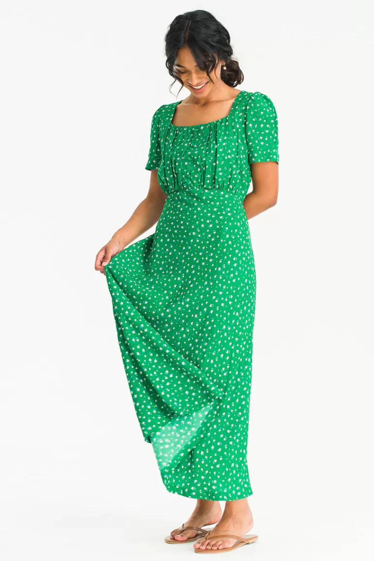 Women Olive Clothing Button Flower Square Neck Dress, Green