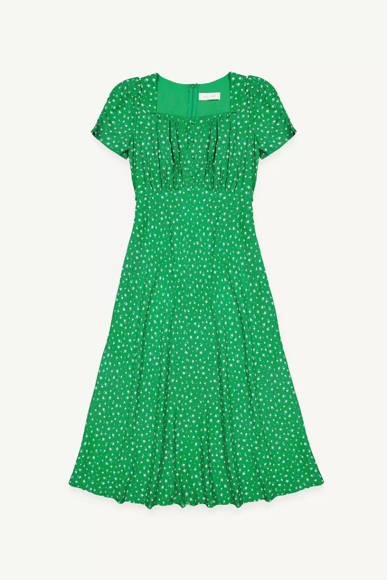 Women Olive Clothing Button Flower Square Neck Dress, Green