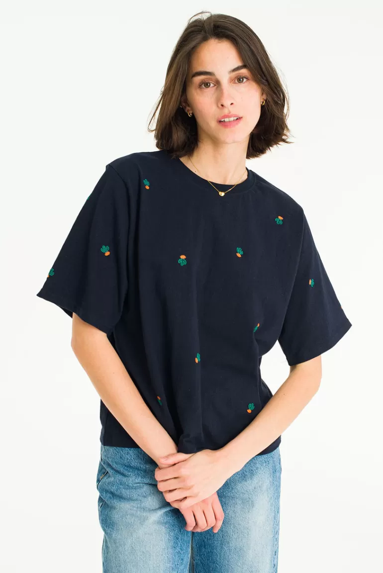 Women Olive Clothing Cactus Stitch Tee, Navy