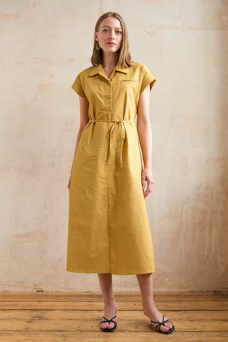 Women Olive Clothing Cap Sleeve Shirt Dress, Mustard