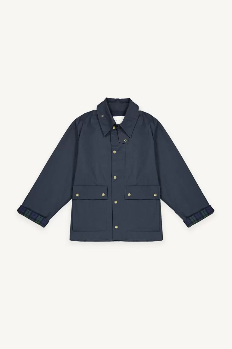 Women Olive Clothing Check Sleeve Field Jacket, Navy