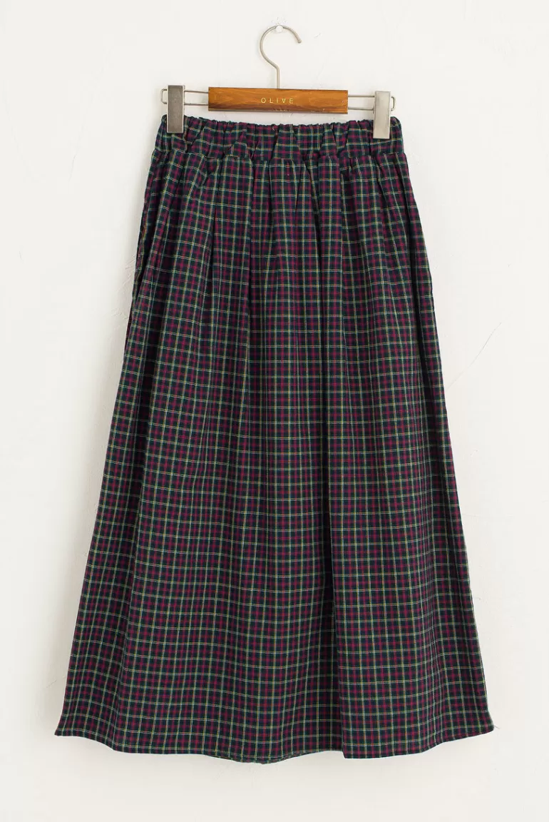 Women Olive Clothing Check Waist String Skirt, Black