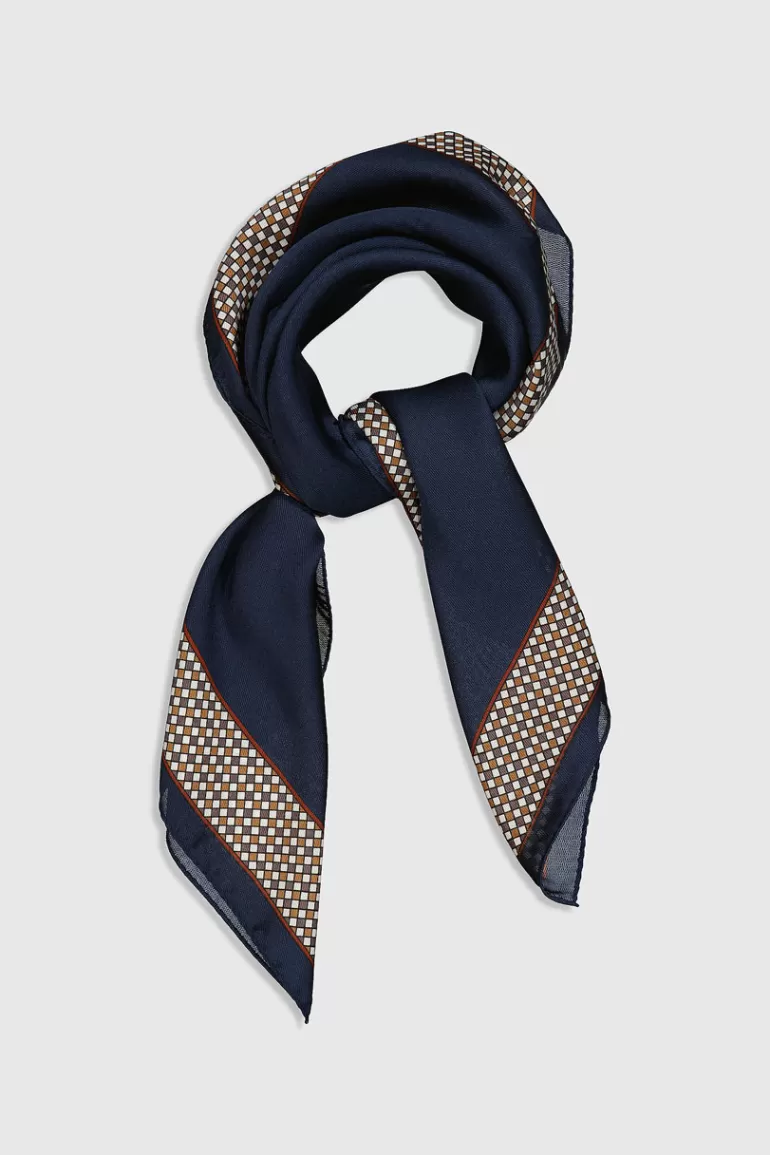 Women Olive Clothing Chess Pattern Border Scarf, Navy