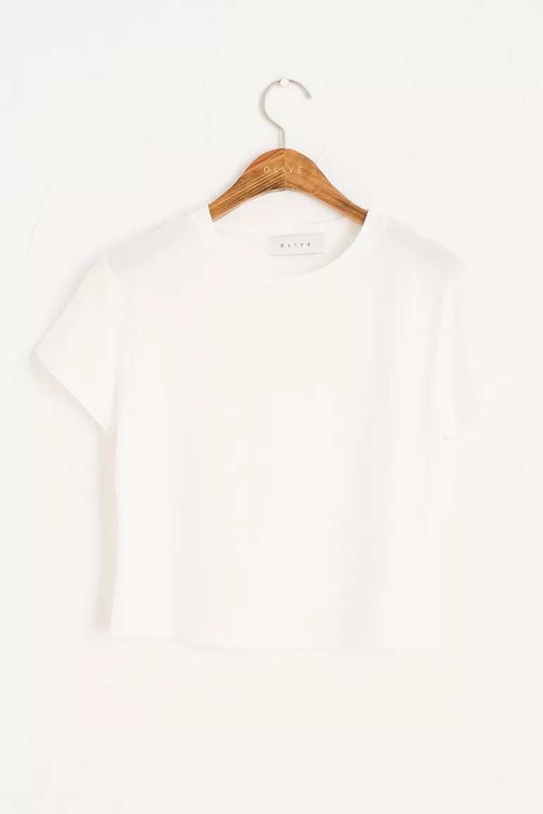 Women Olive Clothing Colour Block Crop Tee, Ivory