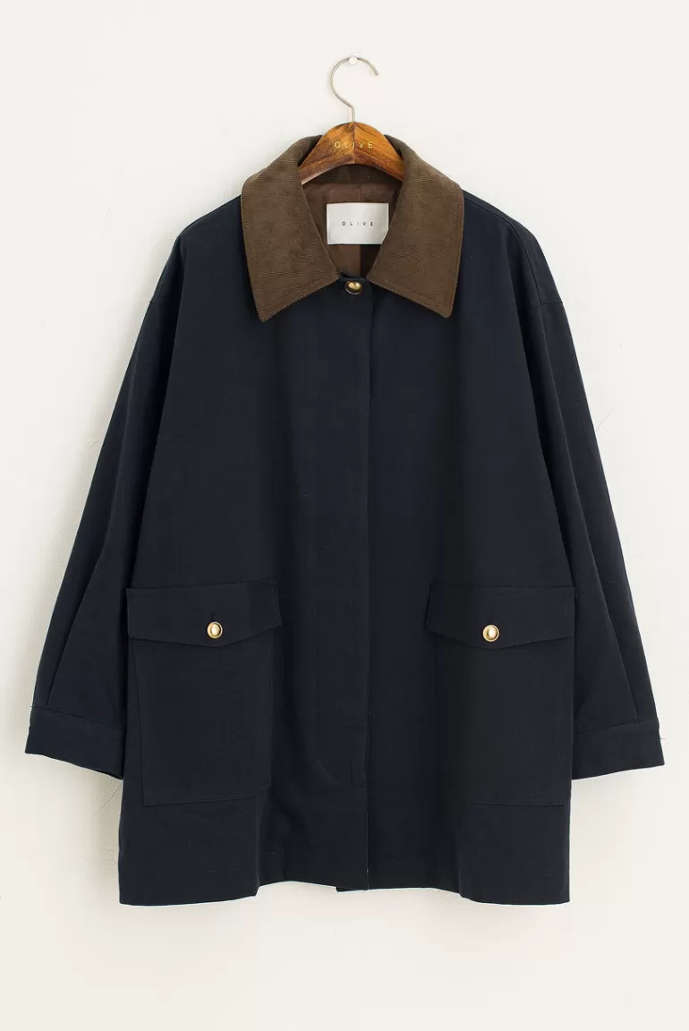 Women Olive Clothing Colour Contrast Collar Feld Jacket, Navy