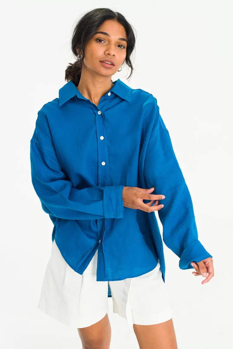 Women Olive Clothing Colour Linen Shirt, Cobalt Blue