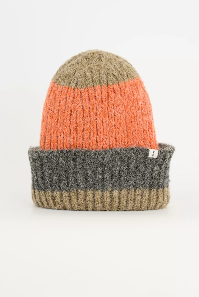 Women Olive Clothing Combi Colour Beanie, Orange