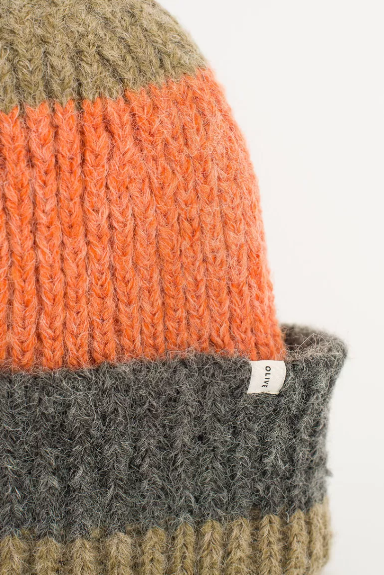 Women Olive Clothing Combi Colour Beanie, Orange