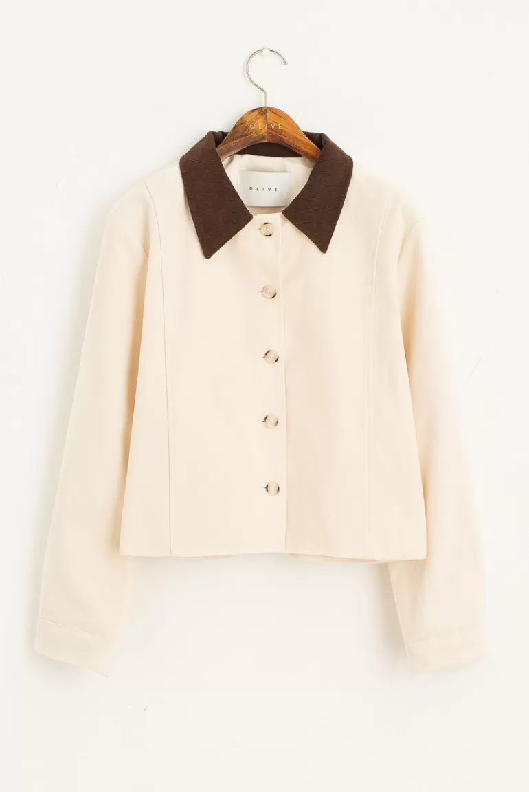 Women Olive Clothing Contrast Collar Cord Jacket, Ivory