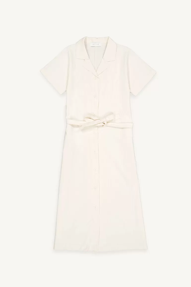 Women Olive Clothing Contrast Stitch Camp Collar Dress, Ivory