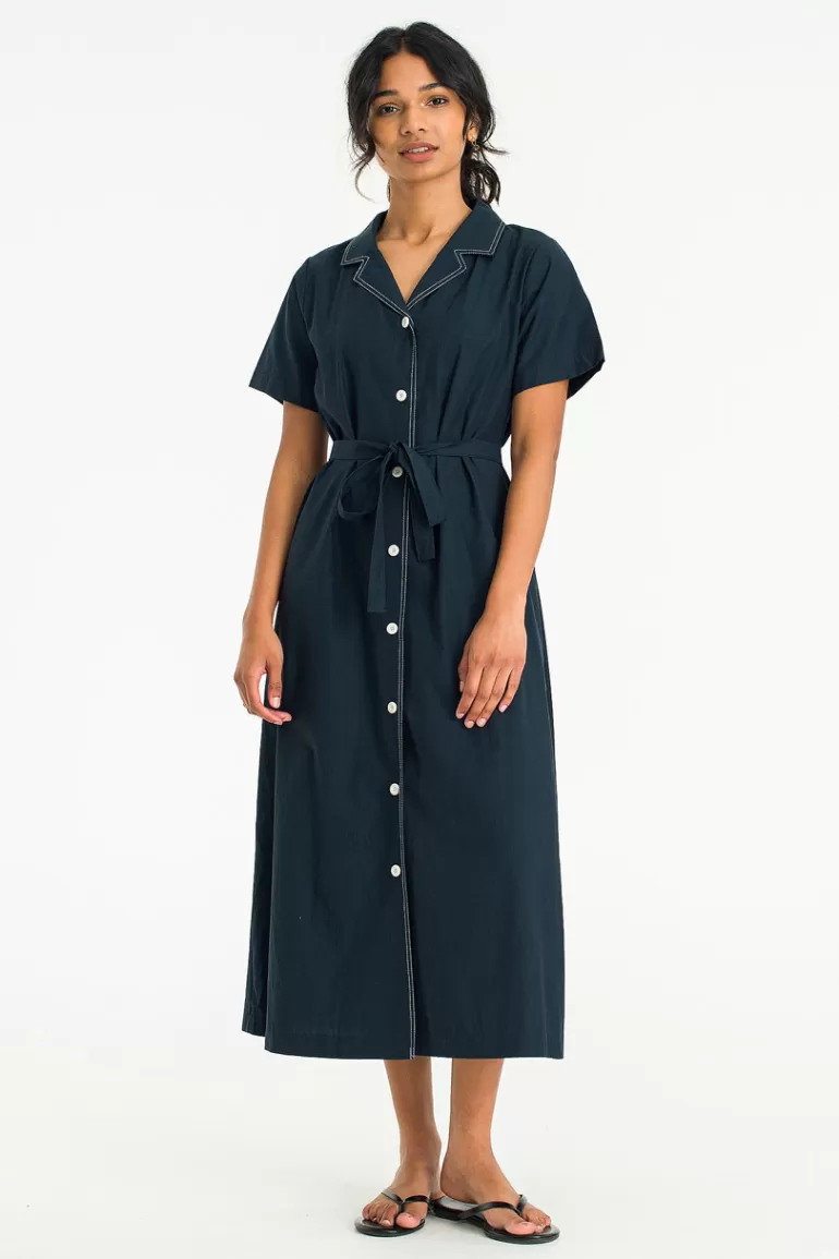 Women Olive Clothing Contrast Stitch Camp Collar Dress, Navy