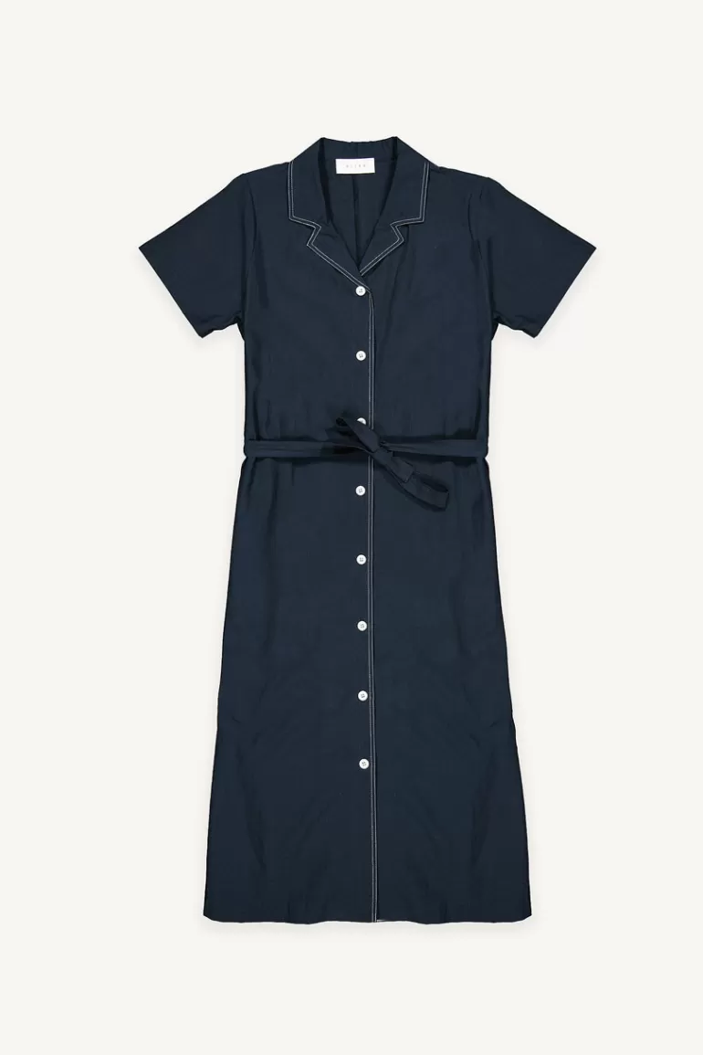 Women Olive Clothing Contrast Stitch Camp Collar Dress, Navy