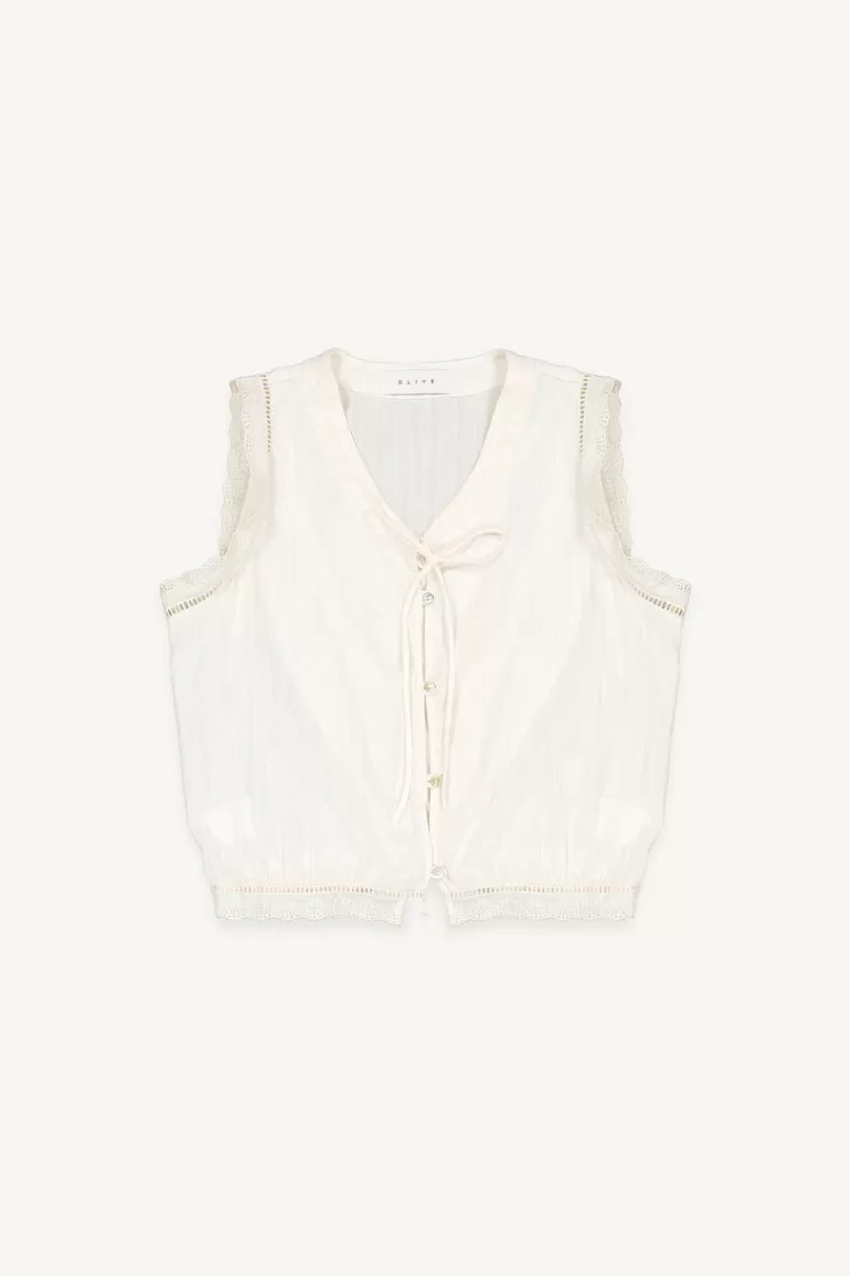 Women Olive Clothing Cotton Lace Button Vest, Ivory