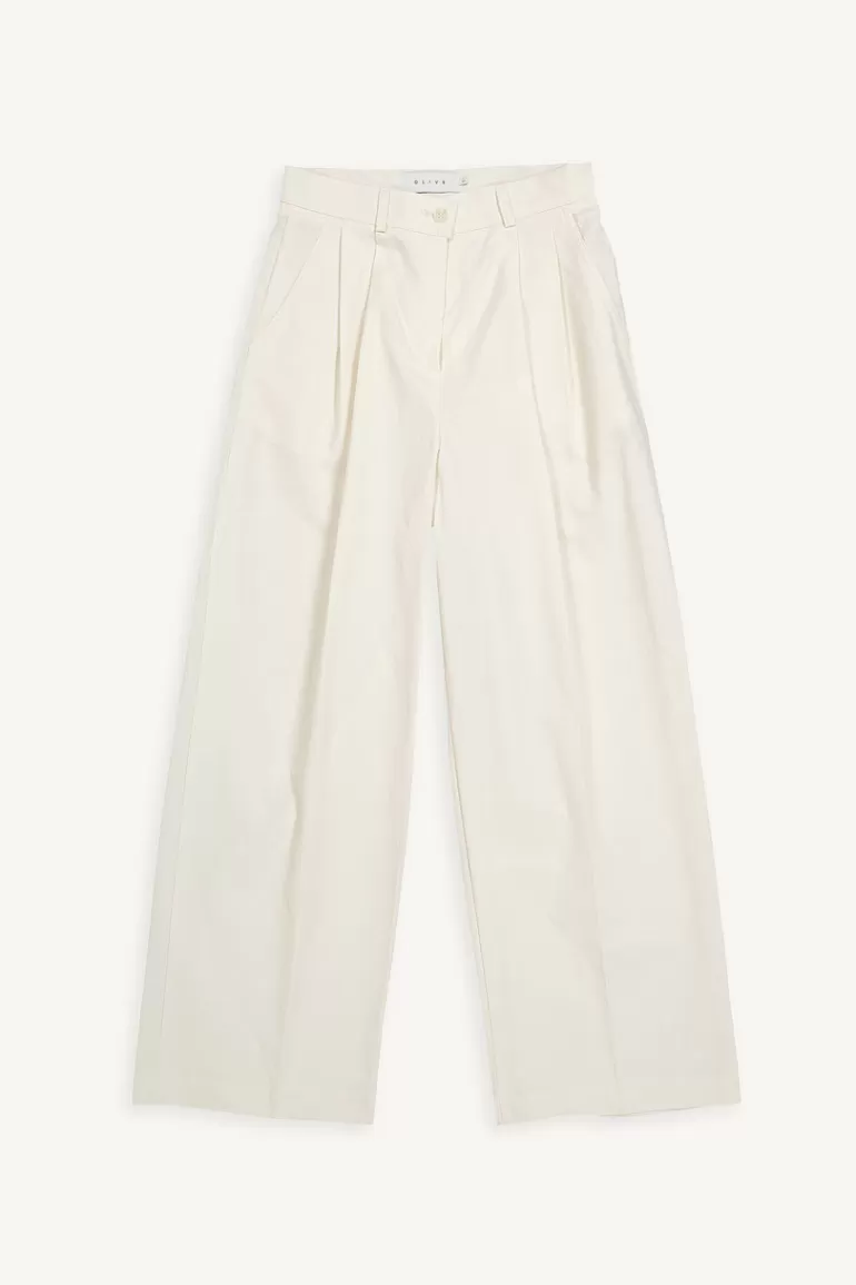 Women Olive Clothing Cotton Pleated Wide Pants, Ivory