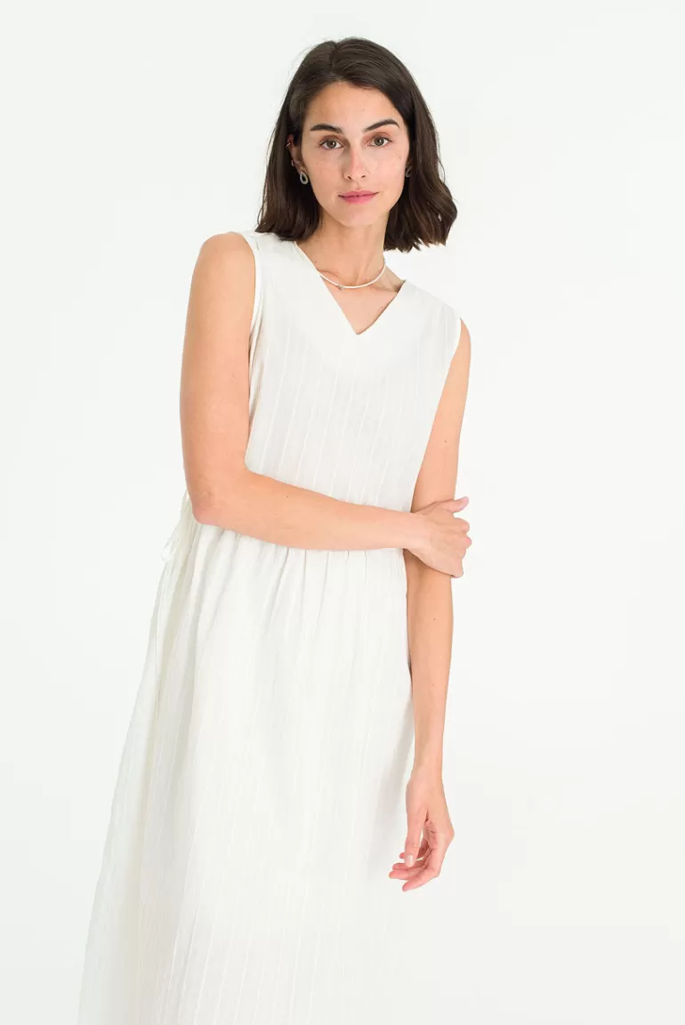 Women Olive Clothing Cotton V Neck Ribbon Side Dress, Ivory