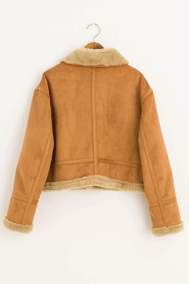 Women Olive Clothing Crop Shearling Jacket, Camel