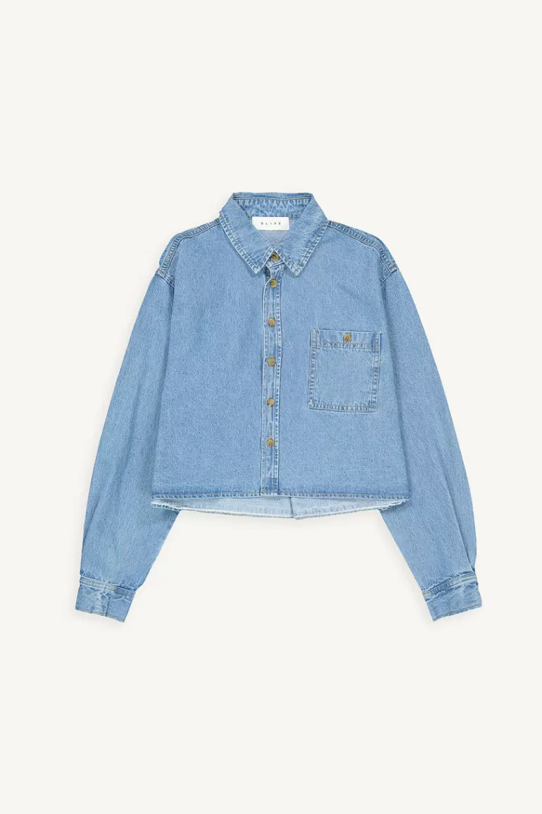 Women Olive Clothing Cropped Denim Shirt, Light Blue