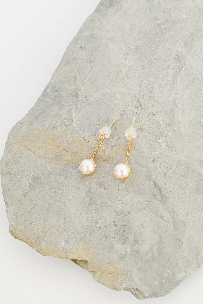 Women Olive Clothing Dahlia Pearl Drop Earrings, 14K Gold Plated