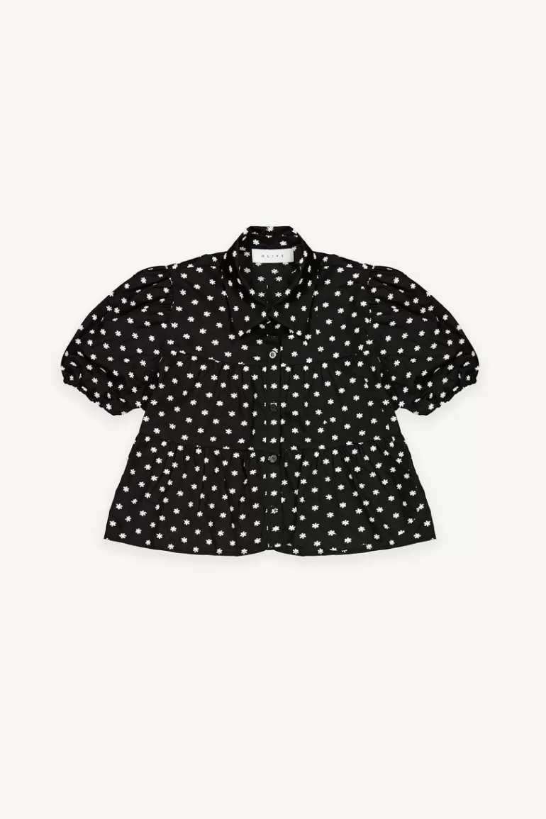 Women Olive Clothing Daisy Embroidered Crop Shirt, Black