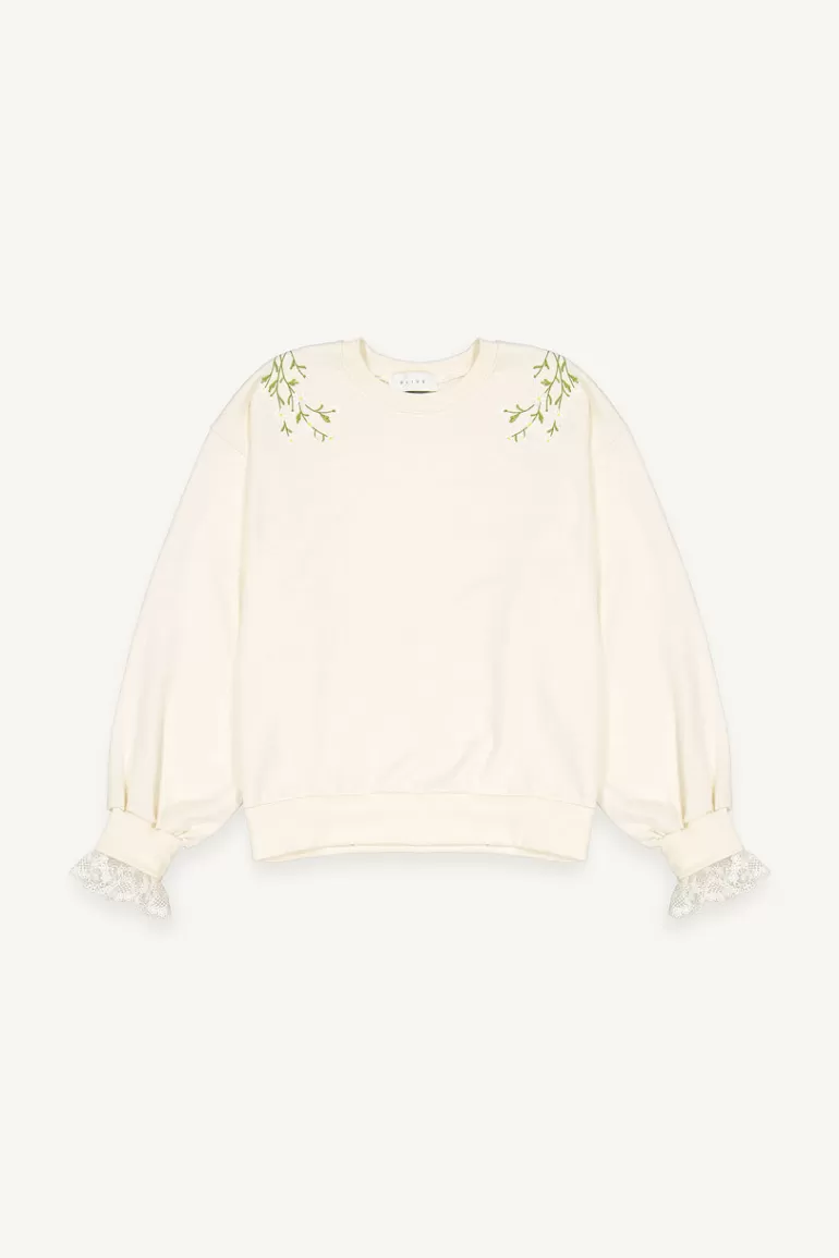 Women Olive Clothing Daisy Embroidered Lace Sleeve Sweatshirt, Ivory