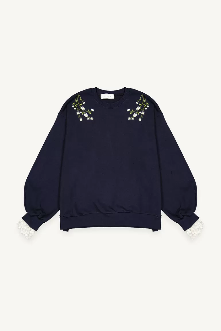 Women Olive Clothing Daisy Embroidered Lace Sleeve Sweatshirt, Navy