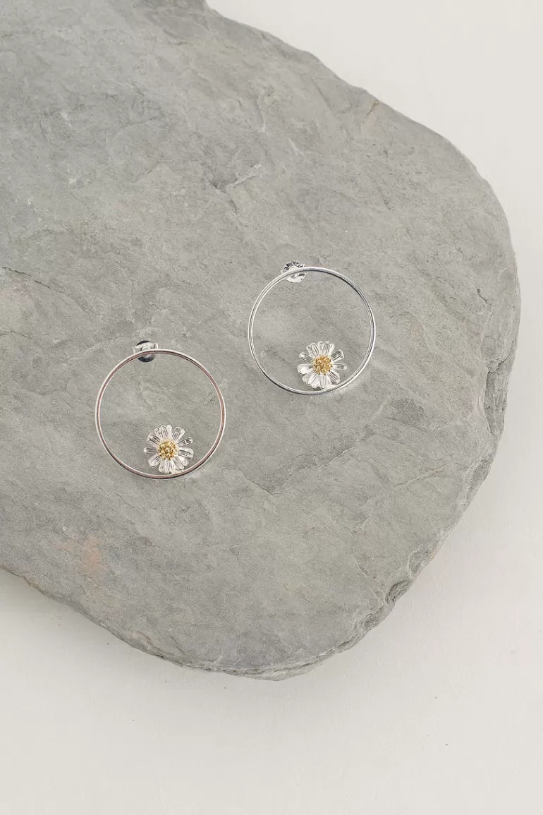 Women Olive Clothing Daisy Hoop Earrings, Silver Plated