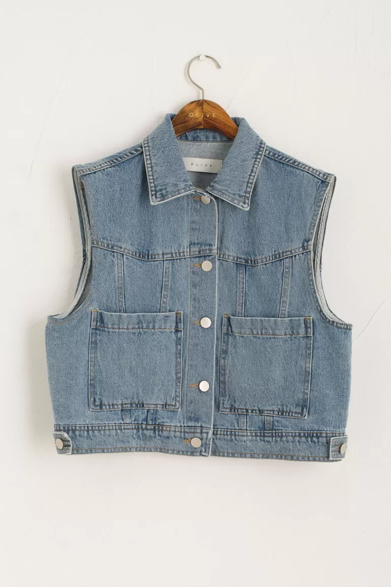 Women Olive Clothing Denim Jacket Vest, Light Blue