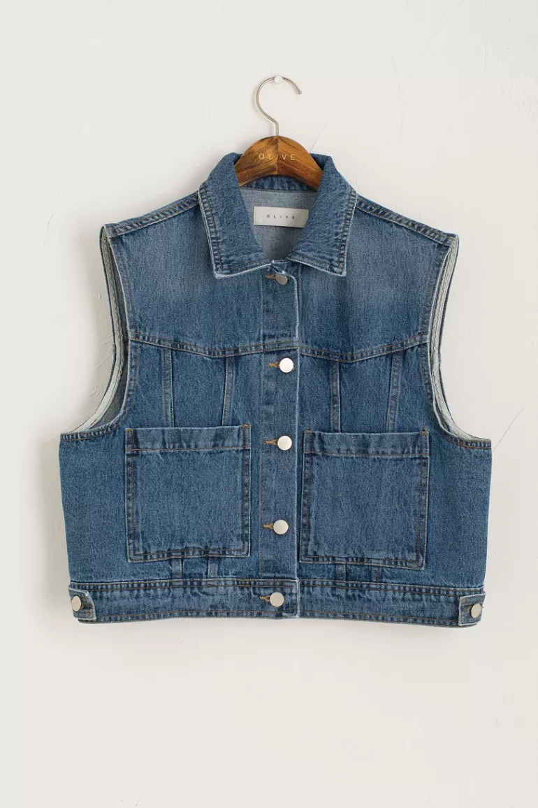 Women Olive Clothing Denim Jacket Vest, Mid Blue