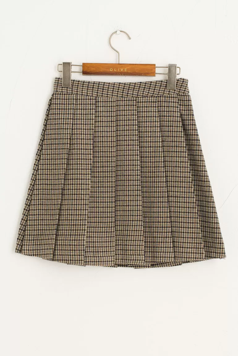 Women Olive Clothing Doona Check Pleated Mini Skirt, Grey