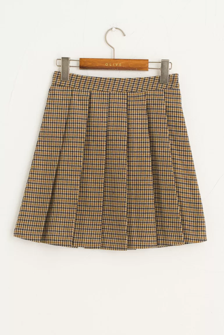 Women Olive Clothing Doona Check Pleated Mini Skirt, Mustard