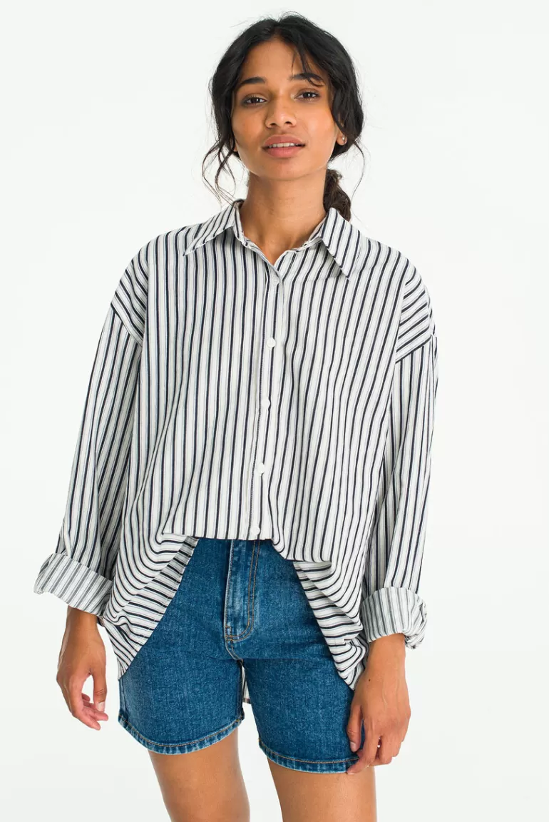 Women Olive Clothing Elena Stripe Shirt, Navy