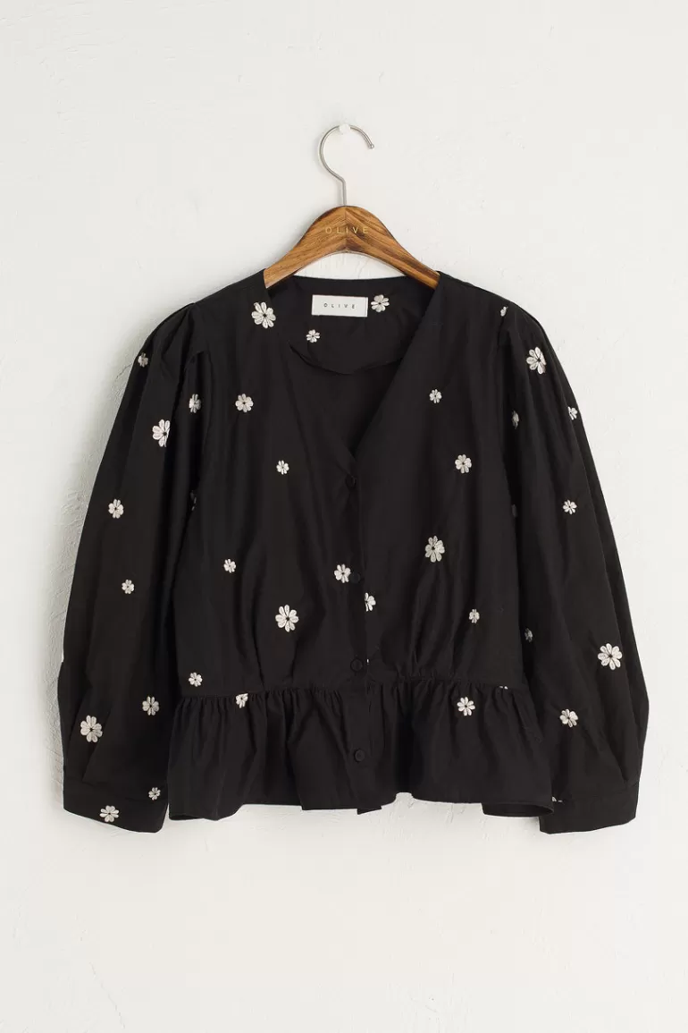 Women Olive Clothing Eun Daisy Embroidery Blouse, Black