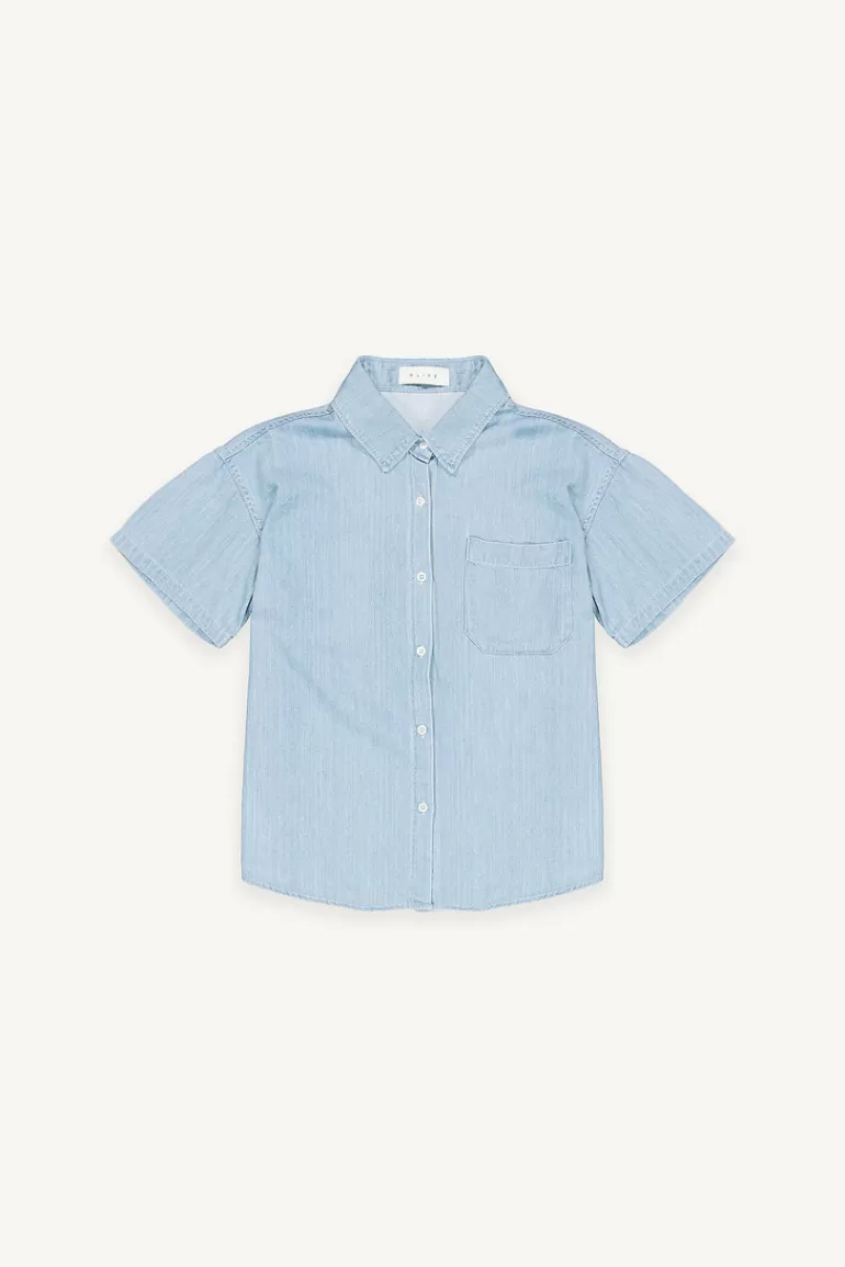 Women Olive Clothing Eun Denim Short Sleeve Shirt, Light Blue