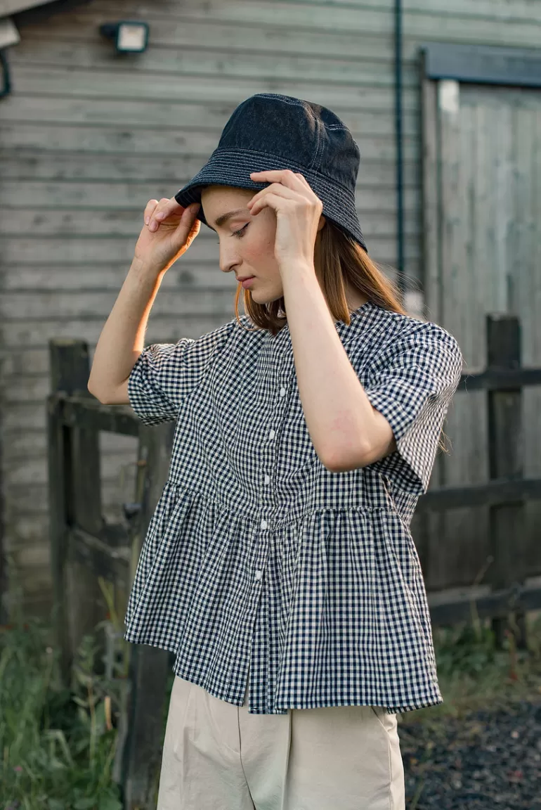 Women Olive Clothing Faye Gingham Half Sleeve Blouse, Navy