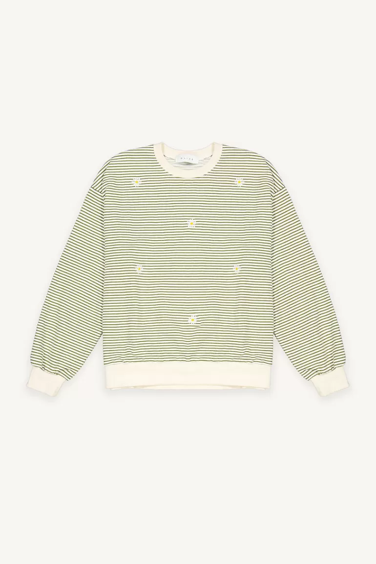 Women Olive Clothing Fleece Daisy Stripe Sweatshirt, Khaki