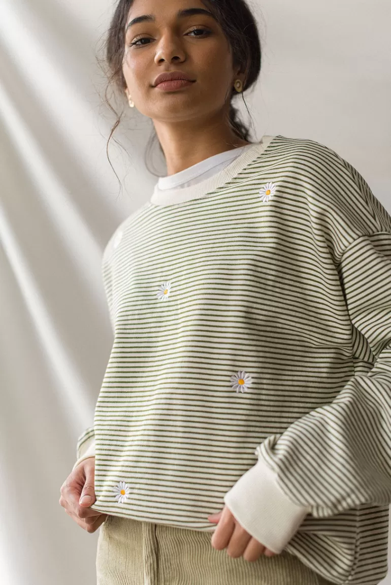 Women Olive Clothing Fleece Daisy Stripe Sweatshirt, Khaki