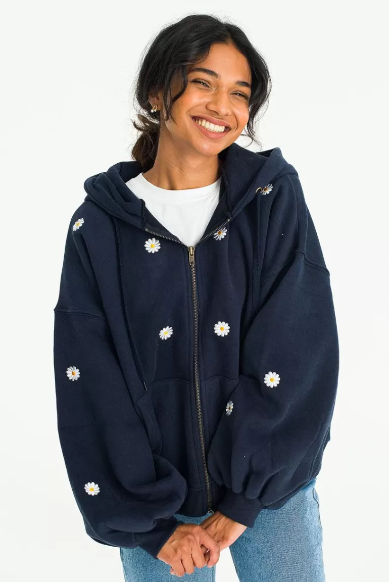 Women Olive Clothing Fleece Daisy Zip Up Hoody, Navy