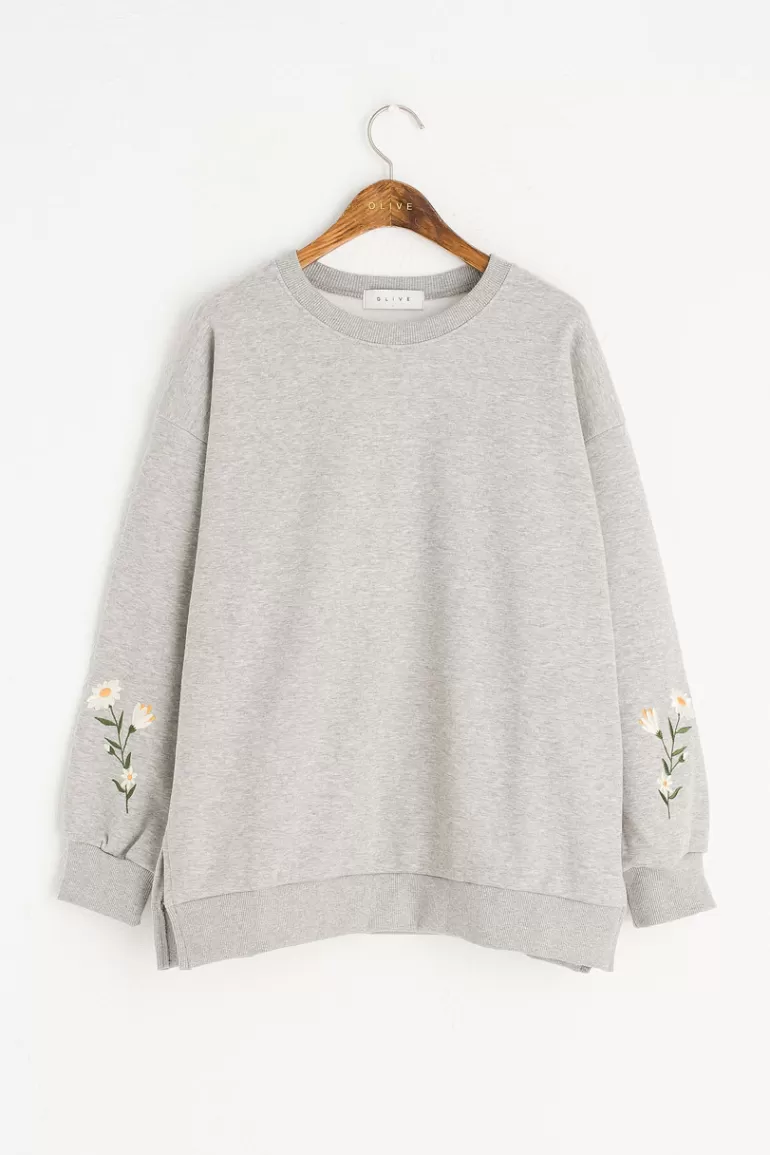 Women Olive Clothing Flower Embroidered Sleeve Sweatshirt, Grey